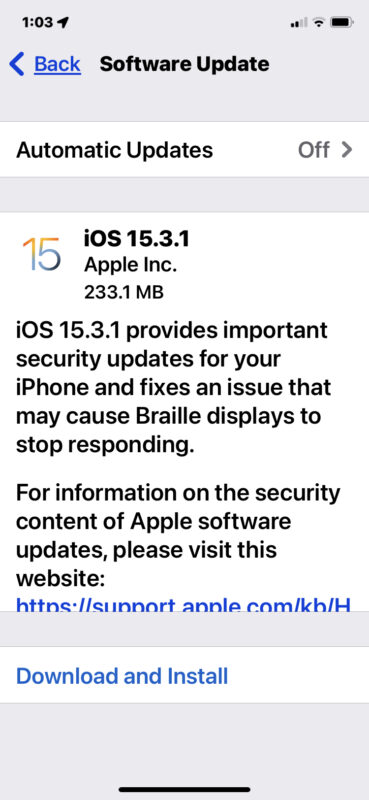 Aggiornamento iOS 15.3.1