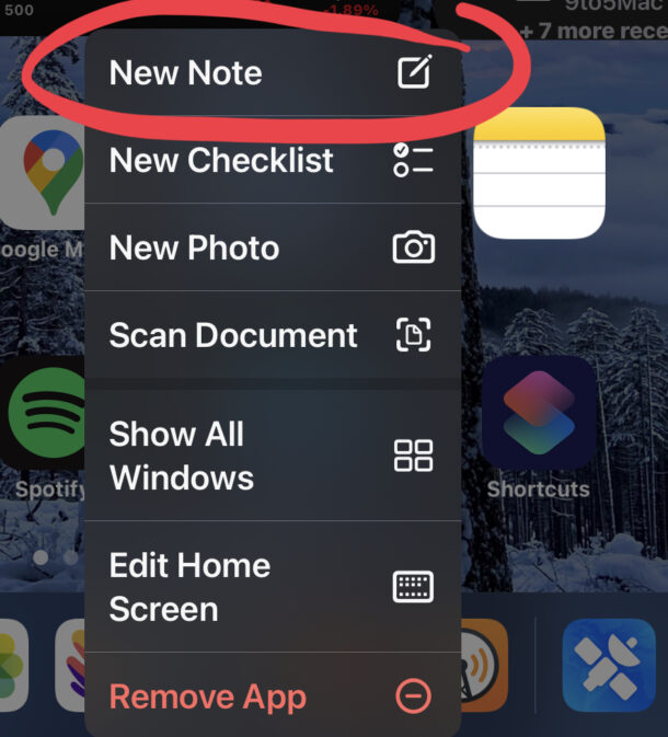 Nuova nota dalla schermata iniziale di iPhone o iPad