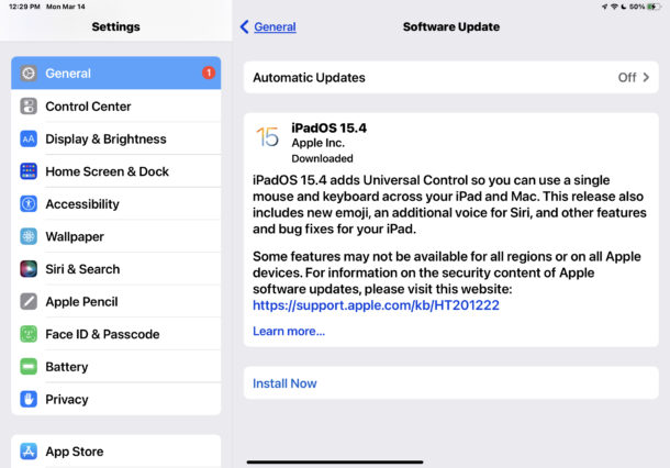 Aggiornamento iPadOS 15.4