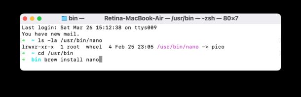 Ottieni di nuovo nano su macOS invece di pico 