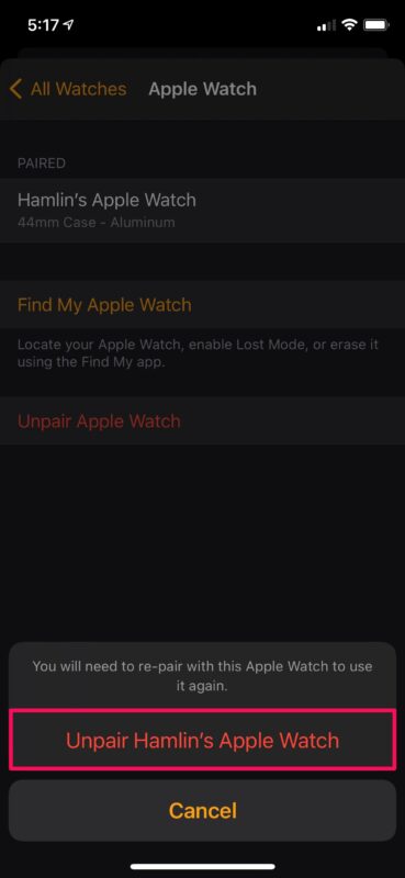 Come annullare l'abbinamento di Apple Watch