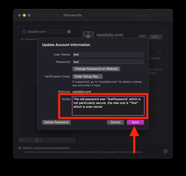 Aggiungi le note alle voci dell'account Portachiavi iCloud su Mac