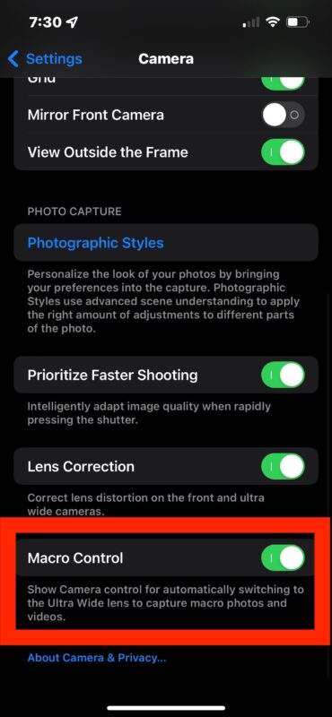 Impostazione della fotocamera di controllo macro per iPhone