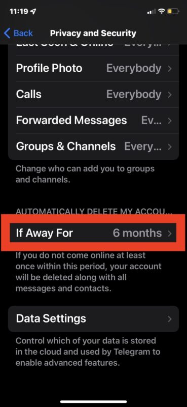 Imposta Telegram per eliminare automaticamente l'account 