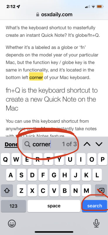 Utilizzando l'equivalente Control F per trovare il testo corrispondente sulla pagina su iPhone
