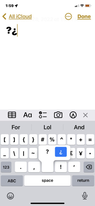 Digita il punto interrogativo invertito su iPhone o iPad
