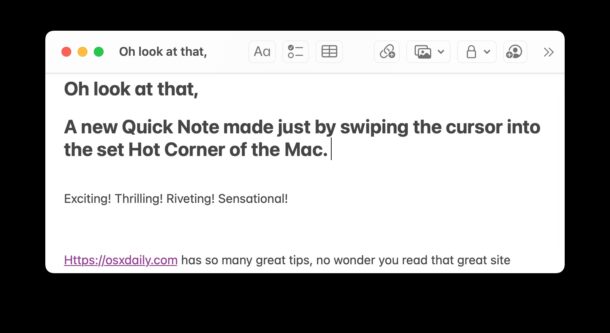 Nota rapida realizzata da Hot Corner su Mac