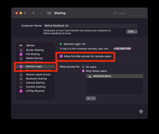 L'abilitazione dell'accesso remoto su Mac attiva il server SSH