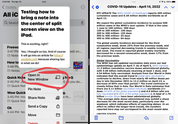 Apri una nota centrale nella visualizzazione a schermo diviso dell'iPad