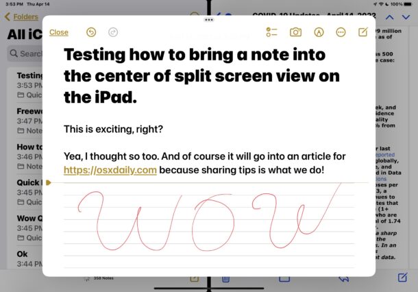 Nota centrata nella visualizzazione a schermo diviso su iPad