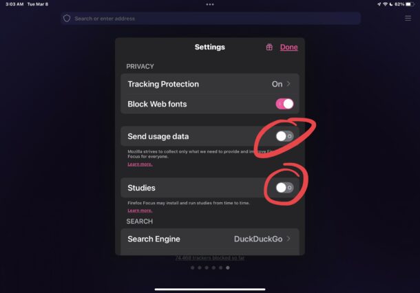 Impostazioni sulla privacy di Firefox Focus