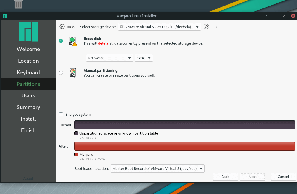 Partizionamento Manjaro