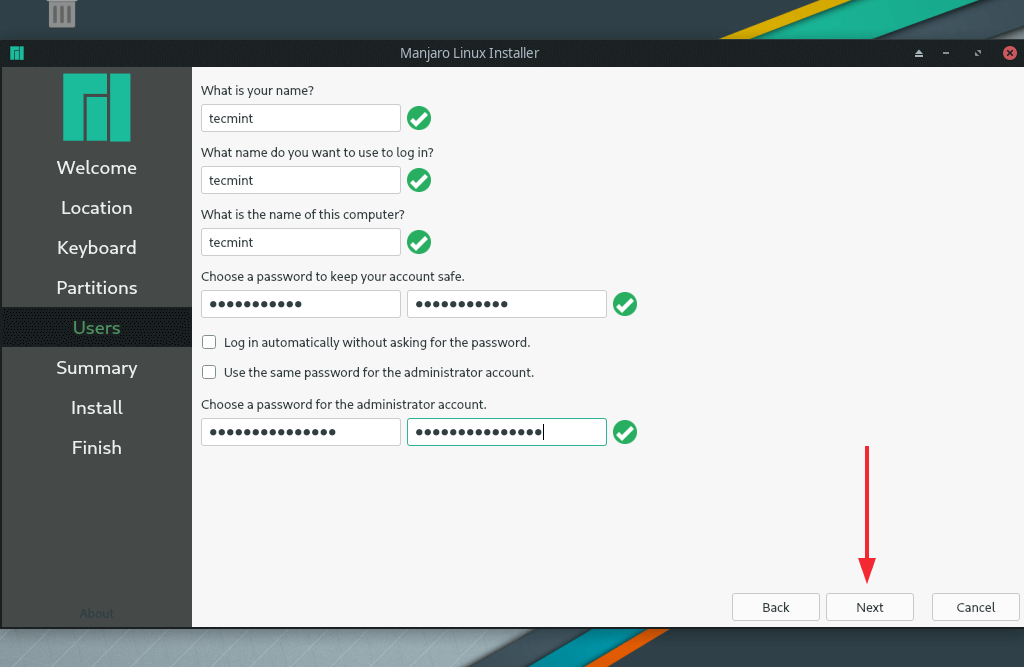 Account utente Manjaro