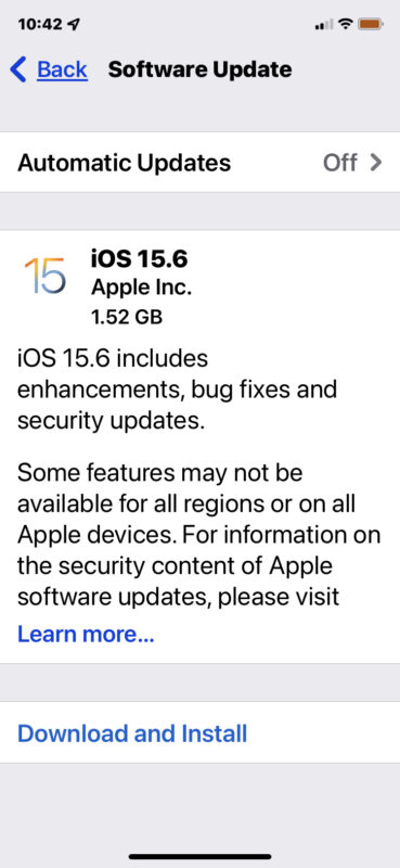 Aggiornamento iOS 15.6