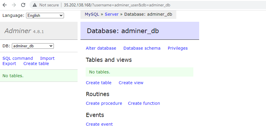 Dashboard di gestione del database dell'amministratore