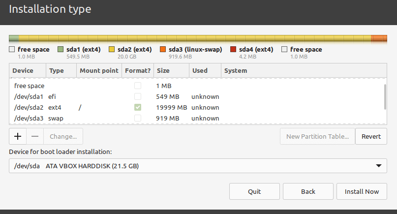 Riepilogo partizione Linux Mint