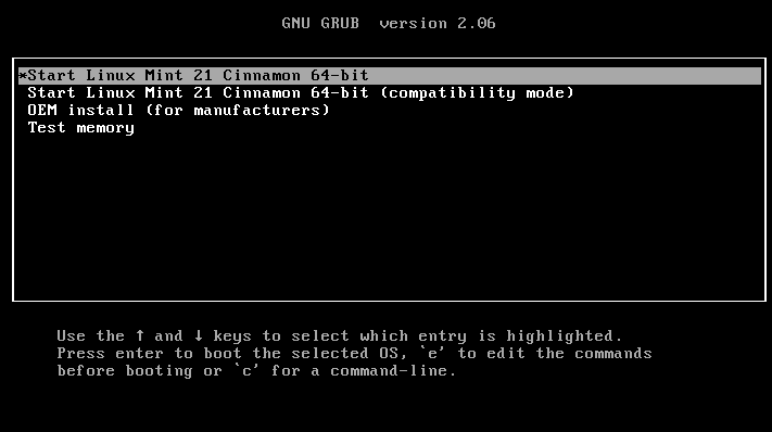 Menu di avvio di Linux Mint 21