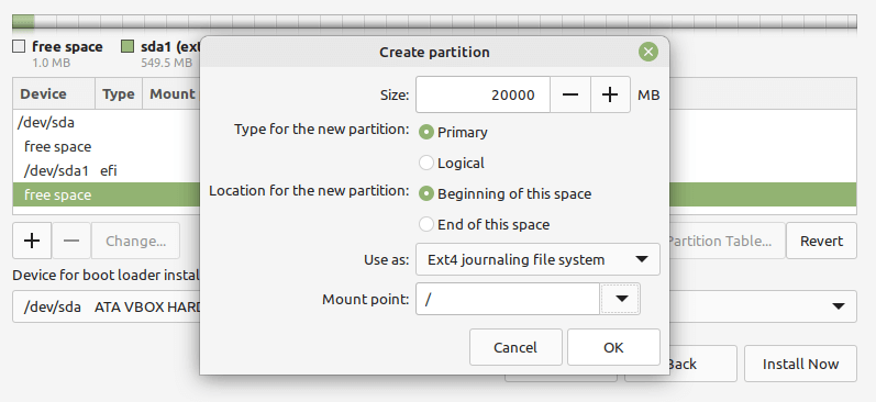 Crea partizione di root