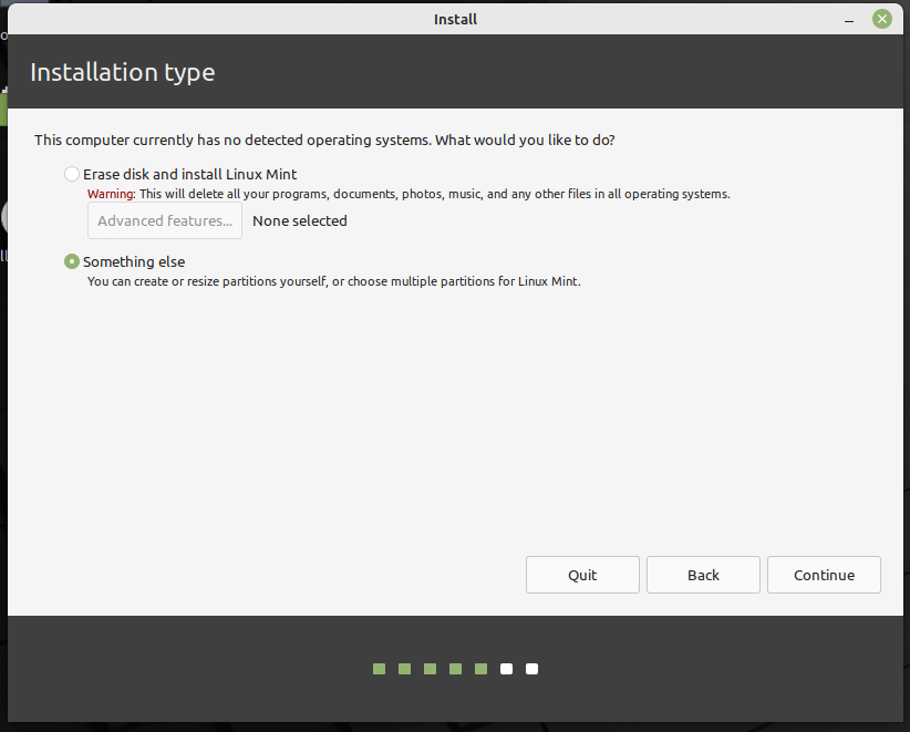 Scegli il tipo di installazione di Linux Mint