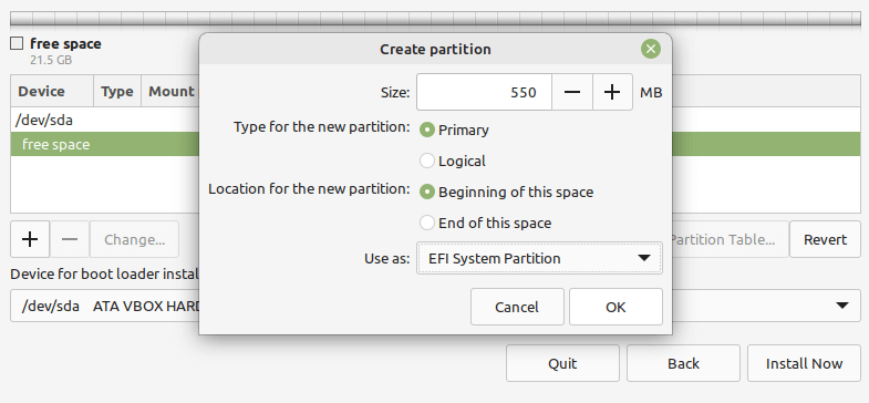 Crea partizione EFI