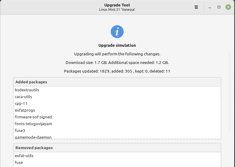 Simulazione di aggiornamento di Linux Mint