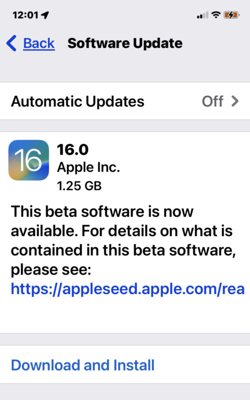 Aggiornamento beta di iOS 16