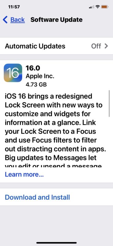 Aggiornamento software iOS 16