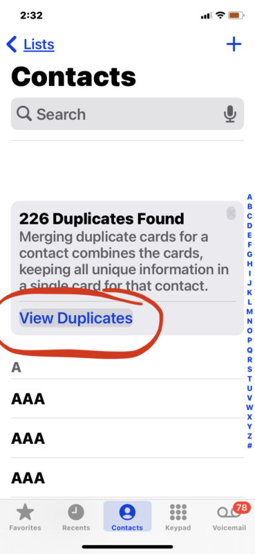 Unisci i contatti duplicati su iPhone