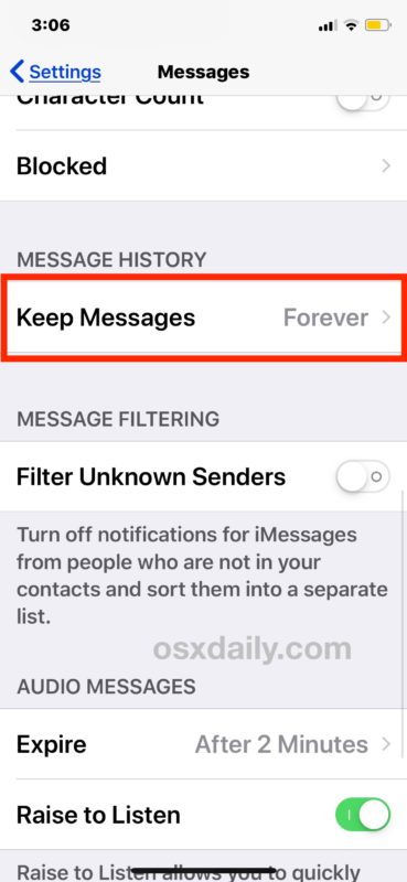 Come configurare l'eliminazione automatica dei messaggi su iOS