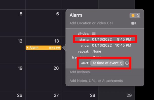 Imposta una sveglia tramite Calendario su Mac