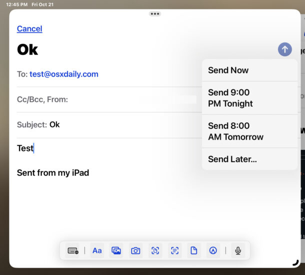 Pianifica l'invio di e-mail dall'app Mail di iPad