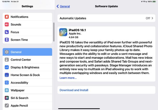 Download dell'aggiornamento di iPadOS 16.1