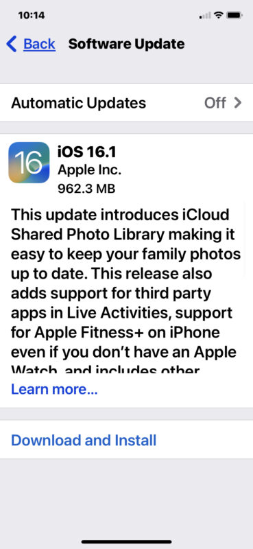 Download dell'aggiornamento iOS 16.1