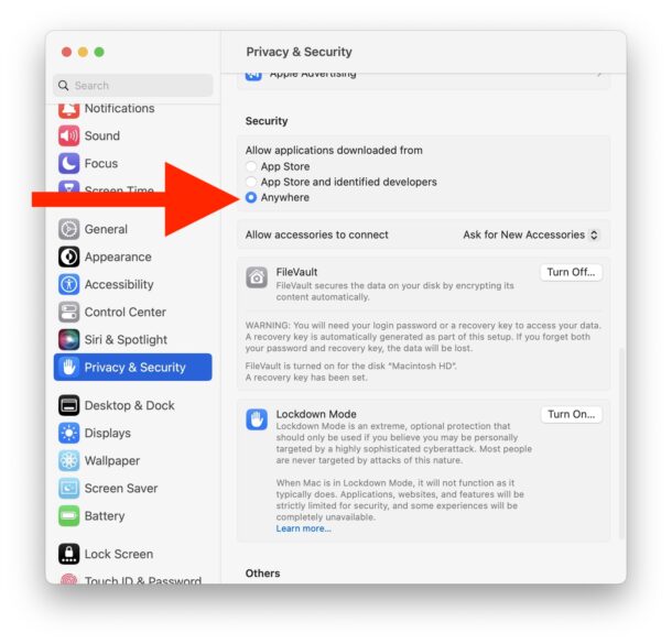 Consenti alle app scaricate da qualsiasi luogo MacOS Ventura e versioni successive