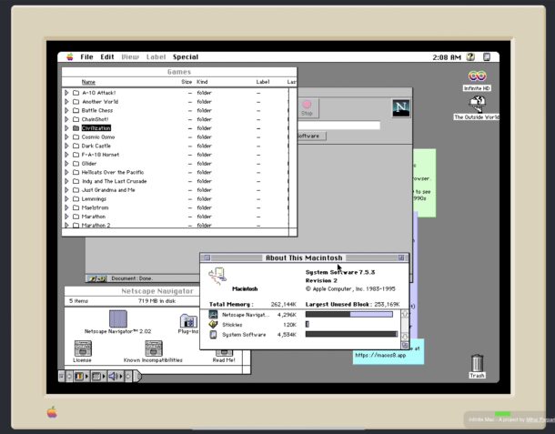 Sistema Macintosh 7.5.3 in esecuzione in un browser web