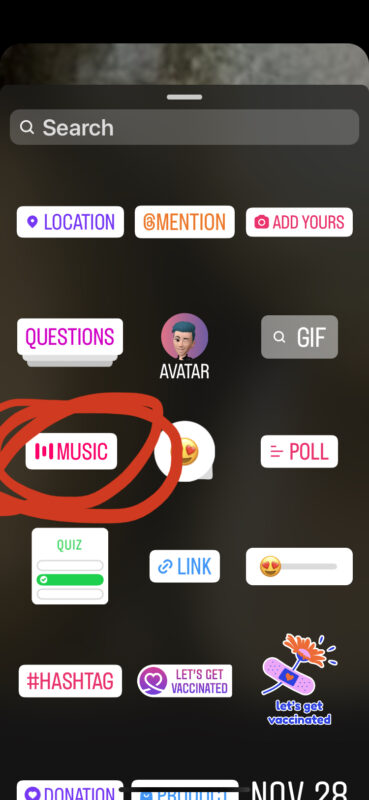 Come aggiungere musica a una storia di Instagram: individua l'opzione Musica