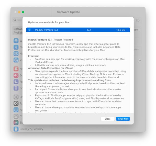 Aggiornamento MacOS Ventura 13.1