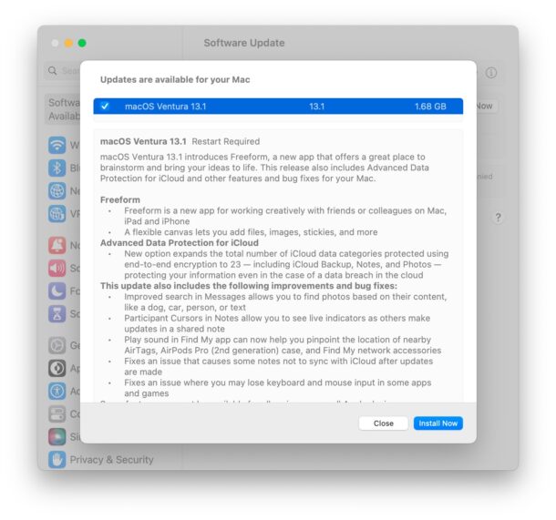 Aggiornamento MacOS Ventura 13.1