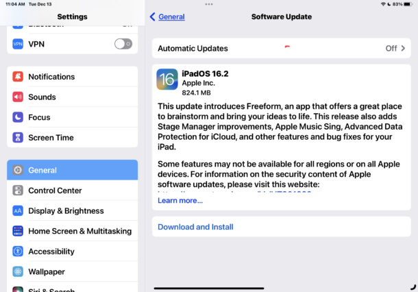 Aggiornamento iPadOS 16.2