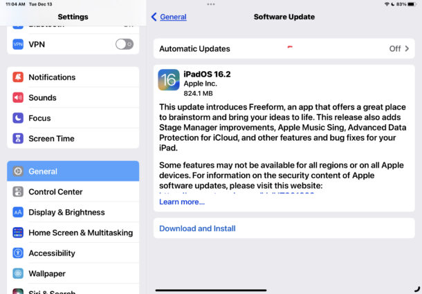 Aggiornamento iPadOS 16.2