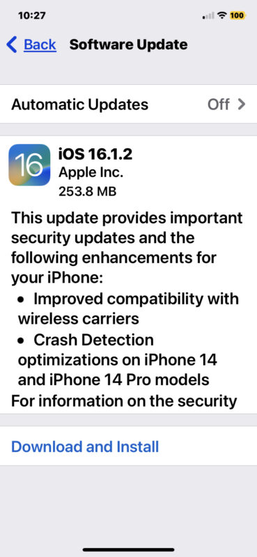 Aggiornamento iOS 16.1.2