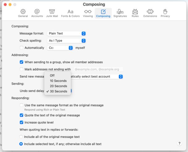 Modifica l'annullamento del ritardo di invio in Mail per Mac