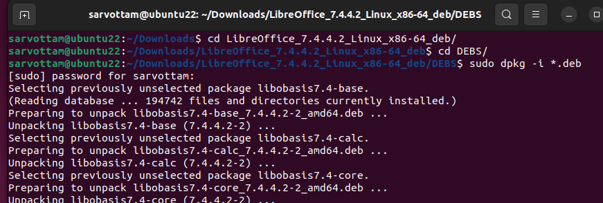 Installa il pacchetto Deb di LibreOffice in Ubuntu