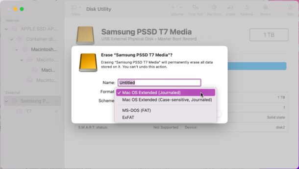 Scelta di tipi di file system alternativi durante la formattazione delle unità USB Mac