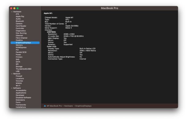 Informazioni di sistema su MacOS mostra un rapporto di sistema