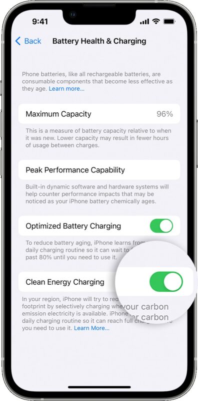 Impostazione della ricarica a energia pulita dell'iPhone