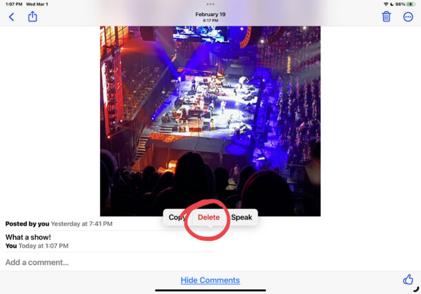 Elimina i commenti dagli stream di foto iCloud condivisi su iPhone o iPad