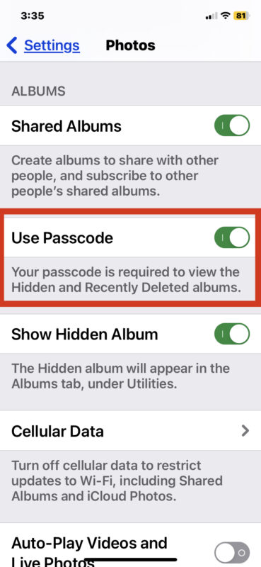 Abilita l'autenticazione per visualizzare l'album delle foto nascoste su iPhone o iPad