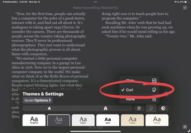 Abilita l'animazione Page Curl su Libri per iPhone o iPad
