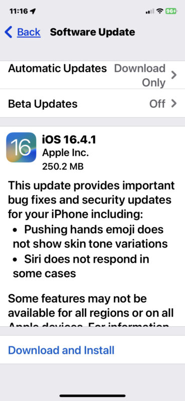 Aggiornamento iOS 16.4.1 mostrato come disponibile per il download su un iPhone